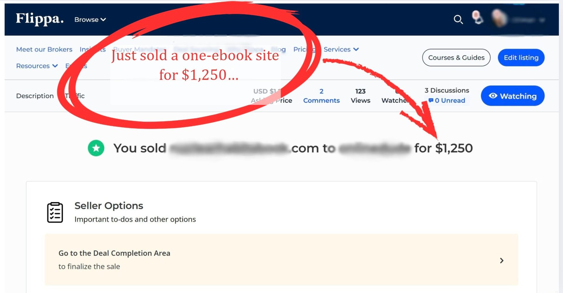 screenshot of just sold a one ebook site for $1,250… written entirely with prompt to publish. 1200 × 628px